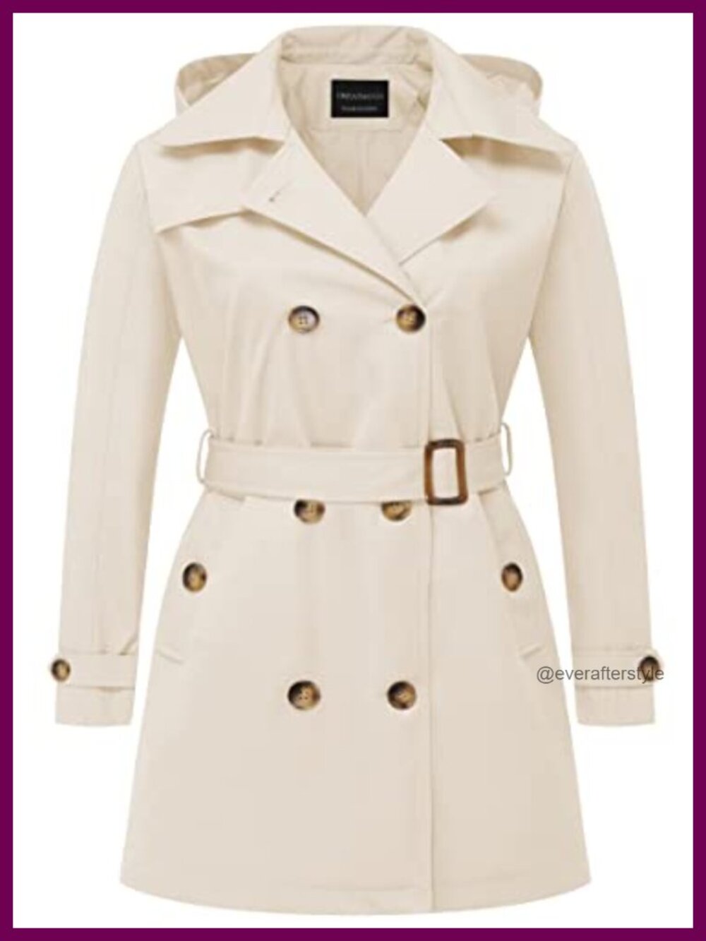 Plus Size Trench Coat Double Breasted Belted Detachable Hood Waterproof